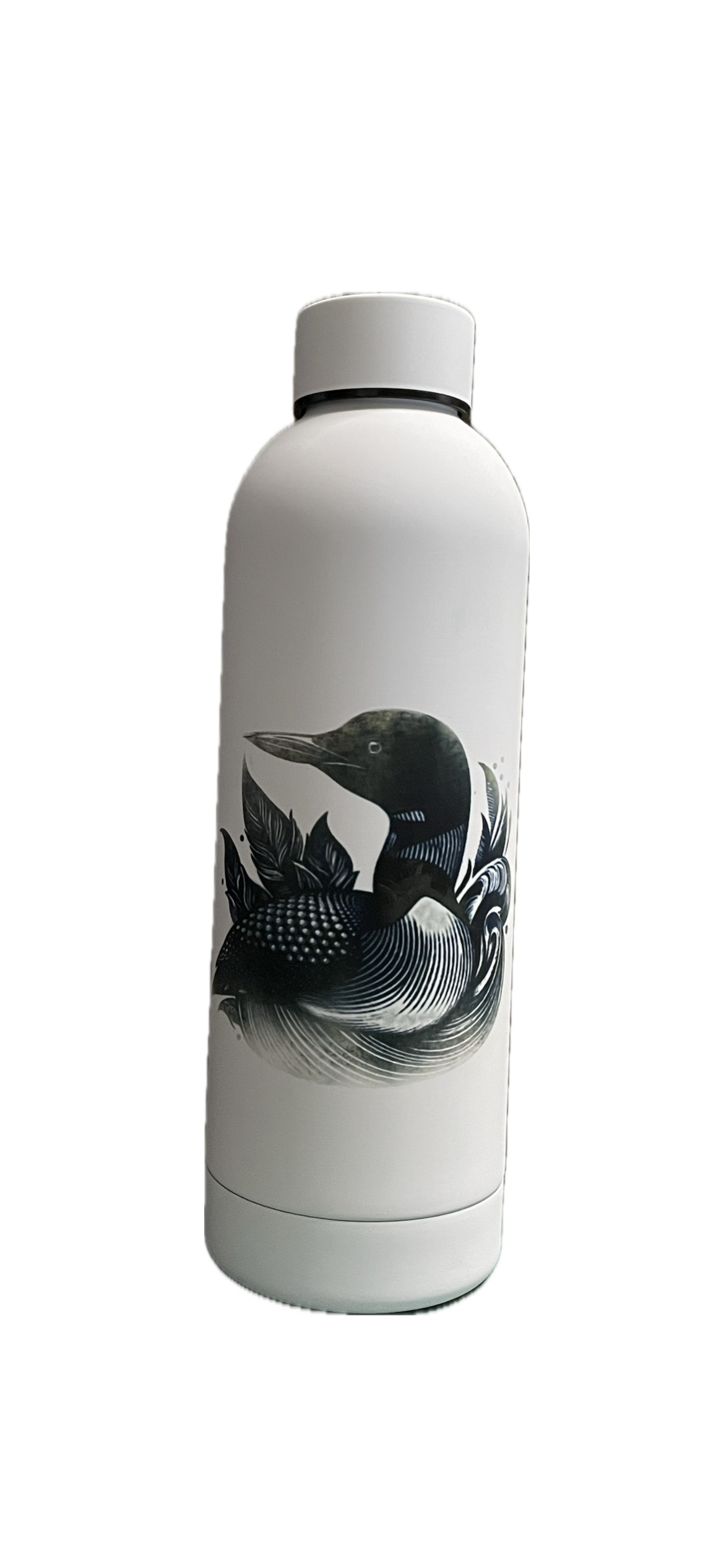 White water bottle with black loon design on a white background