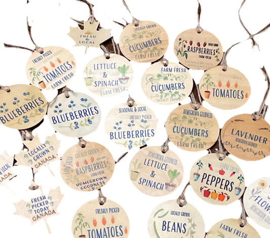 Assorted Canada Farmers Market Wood Tags Garden Decor | Gardener Gift Garden Plant Marker Tags (set of 25)