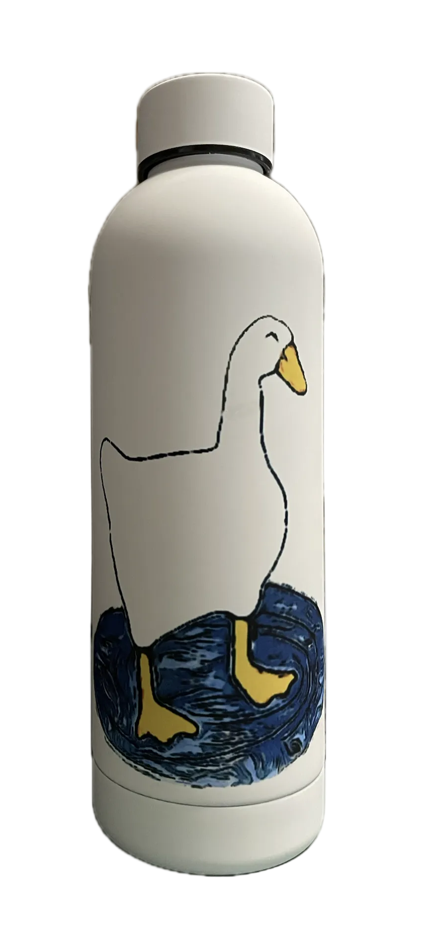 White water bottle with a goose in a puddle design on a white background