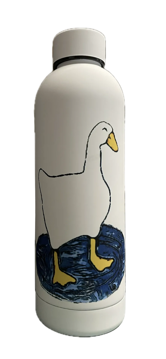 White water bottle with a goose in a puddle design on a white background