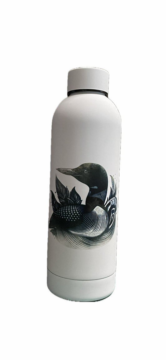 White water bottle with black loon design on a white background