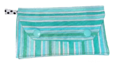 Teal and white striped pouch with a button closure on a white background