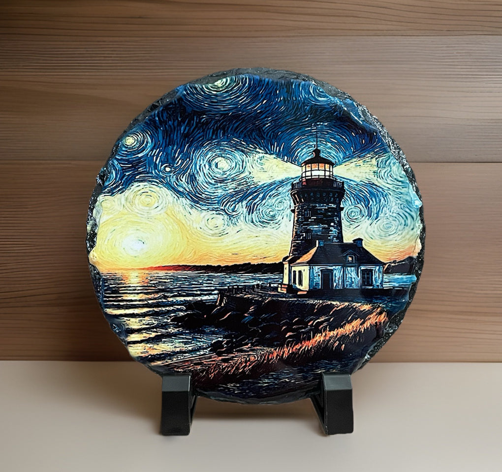 Artwork of Lighthouse on Round Slate - 6 Inch Diameter - Includes Plastic Stands