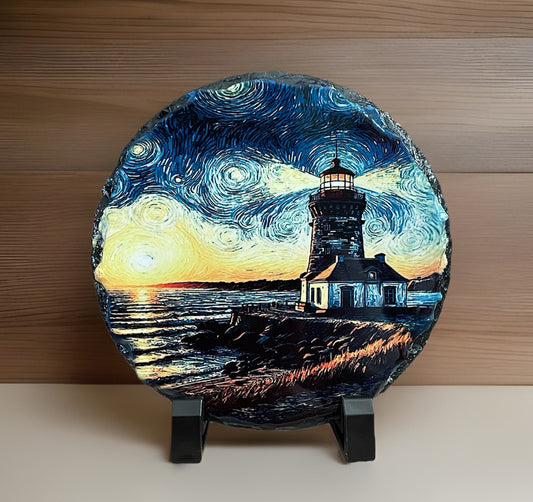 Artwork of Lighthouse on Round Slate - 6 Inch Diameter - Includes Plastic Stands
