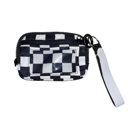 Checker is wallet with white wrist strap