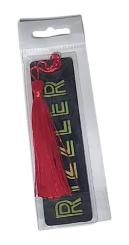 Red tassle sizzler in gold on black bookmark