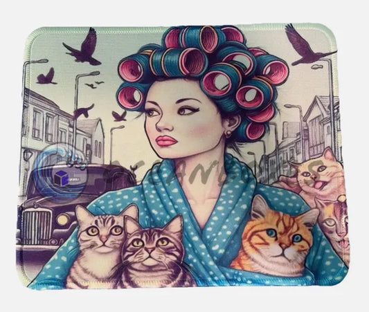 Illustration of a woman with curlers and cats in a cityscape mousepad