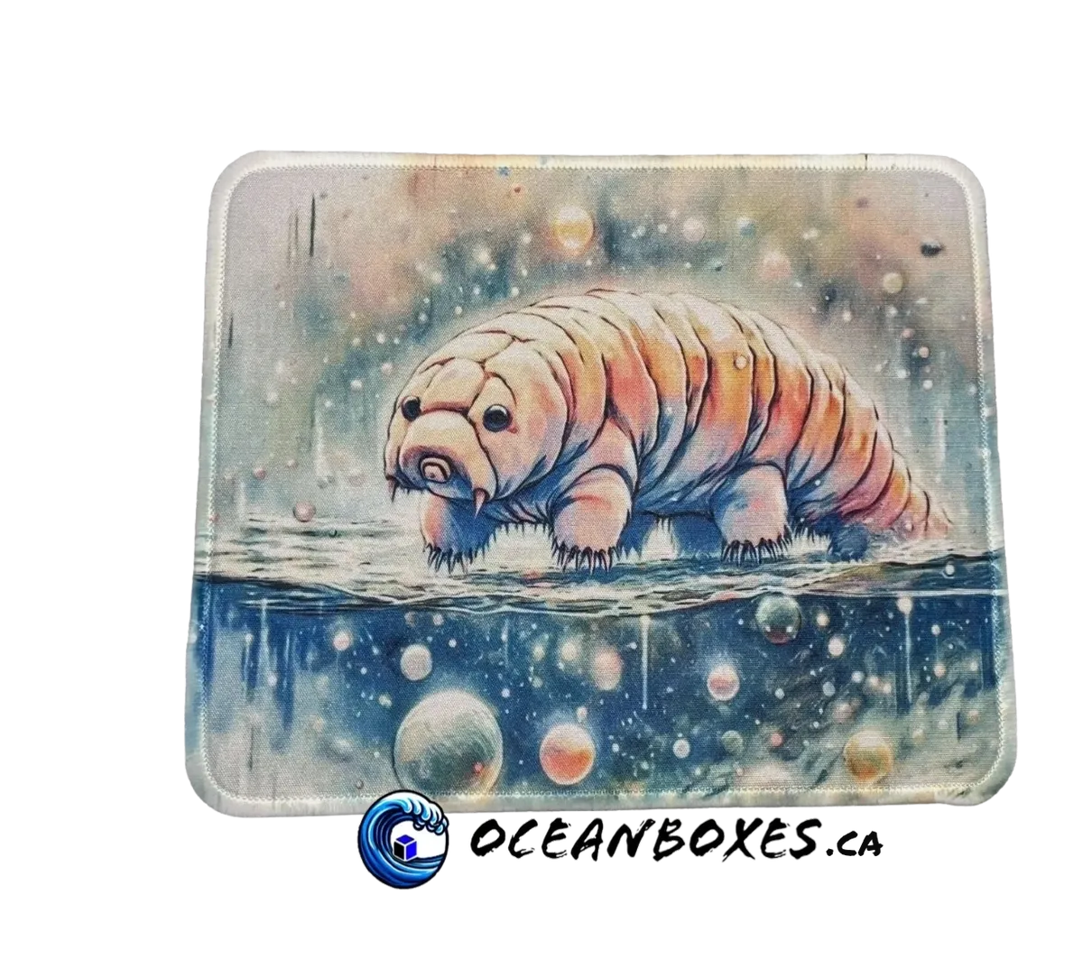 Decorative box with a water bear illustration on a white background, featuring the brand 'OceanBoxes'.