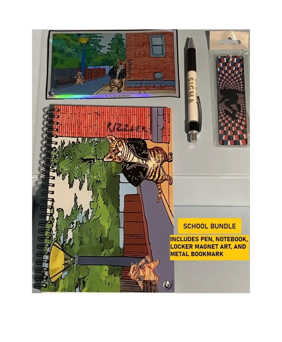 School bundle with notebook, pen, locker magnet, and metal bookmark on a white background