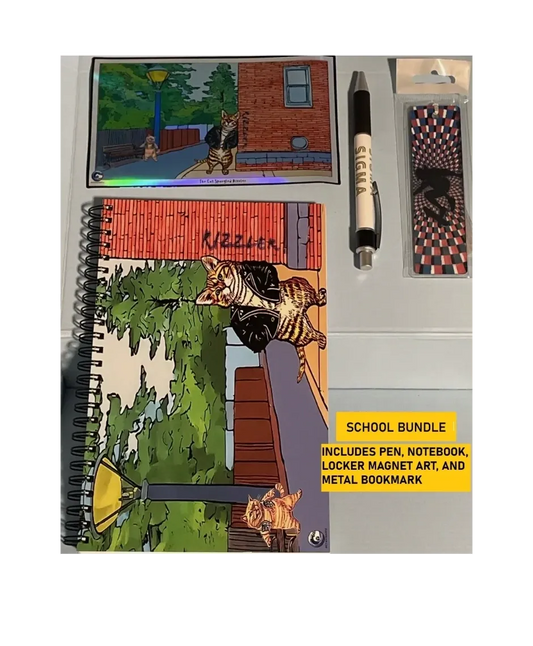 School bundle with notebook, pen, locker magnet, and metal bookmark on a white background