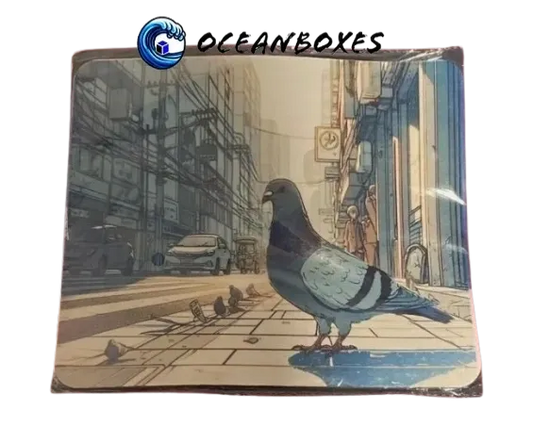 Product packaging with a cityscape and pigeon illustration, branded 'Oceanboxes'.
