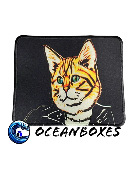 Black mouse pad with a cat design and 'Oceanboxes' branding.