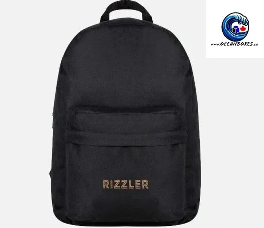 Black backpack with 'Rizzler' branding on a white background