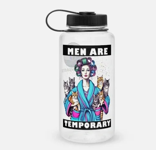 White water bottle with a colorful design of a woman in a kimono surrounded by cats, with text 'MEN ARE TEMPORARY' on a white background.