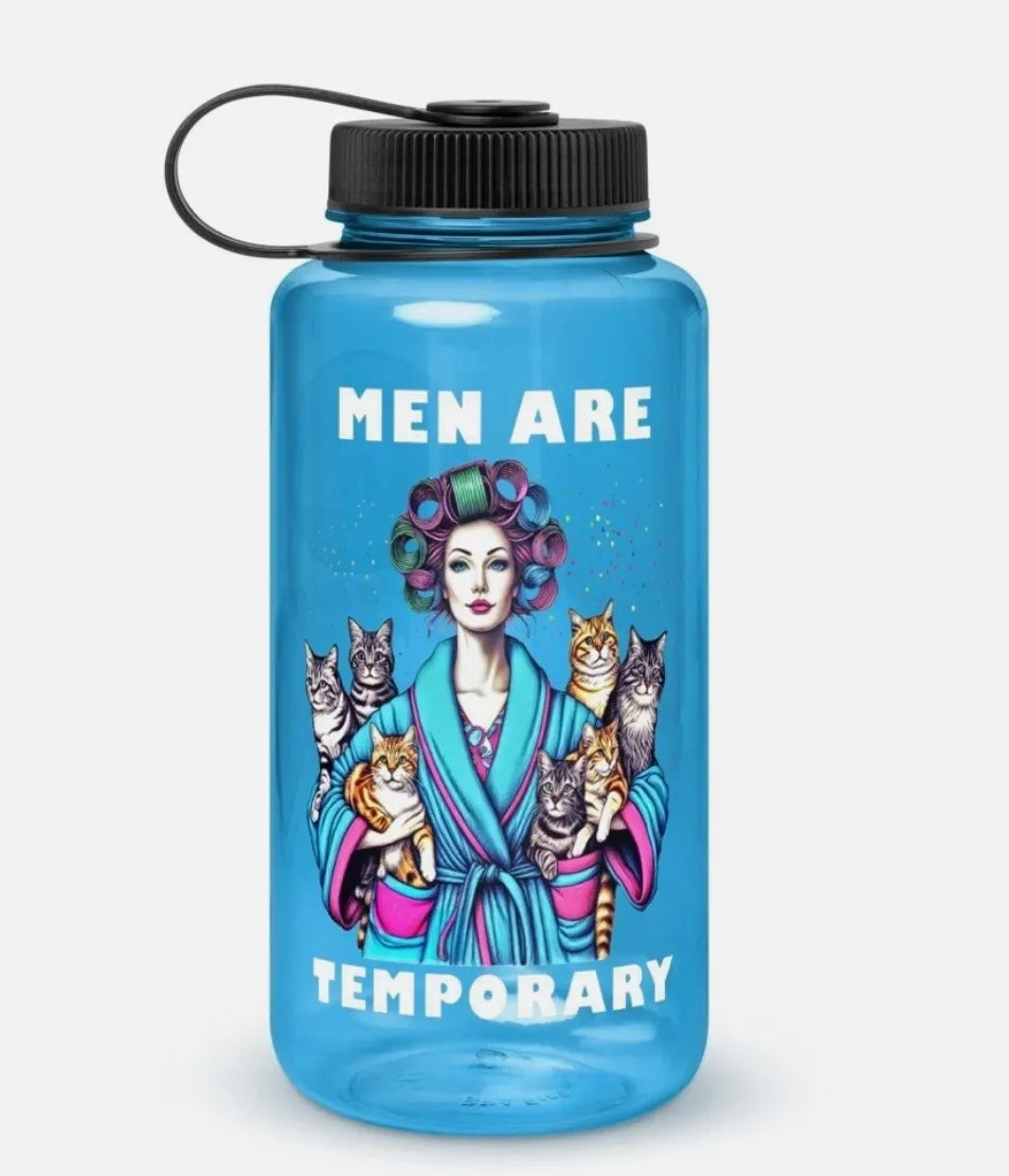 Blue water bottle with a graphic design of a woman surrounded by cats and text on a white background