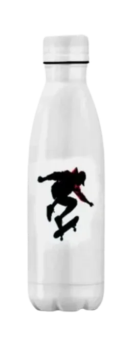 White water bottle with black silhouette design on a white background