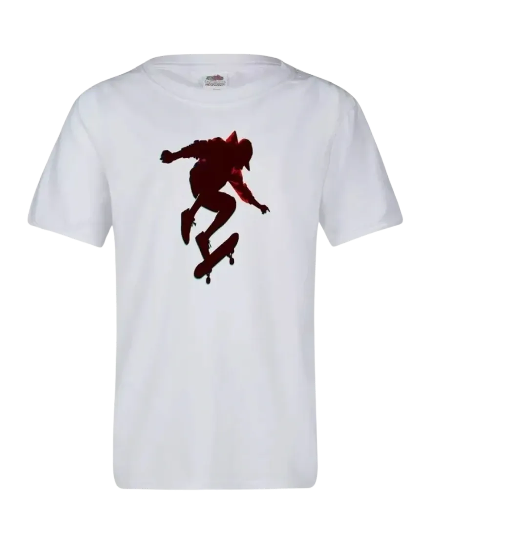 White t-shirt with a red silhouette of a person on a skateboard