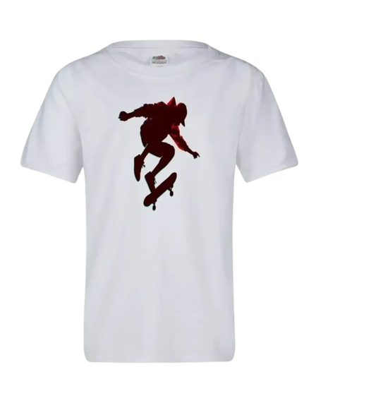 White t-shirt with a red silhouette of a person on a skateboard