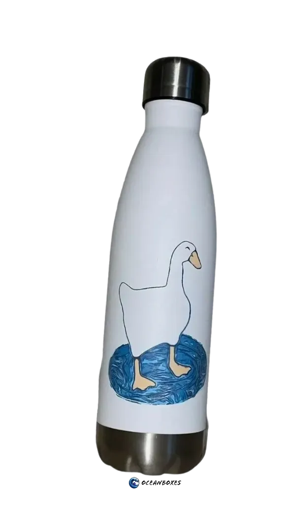 White water bottle with a duck illustration on a white background