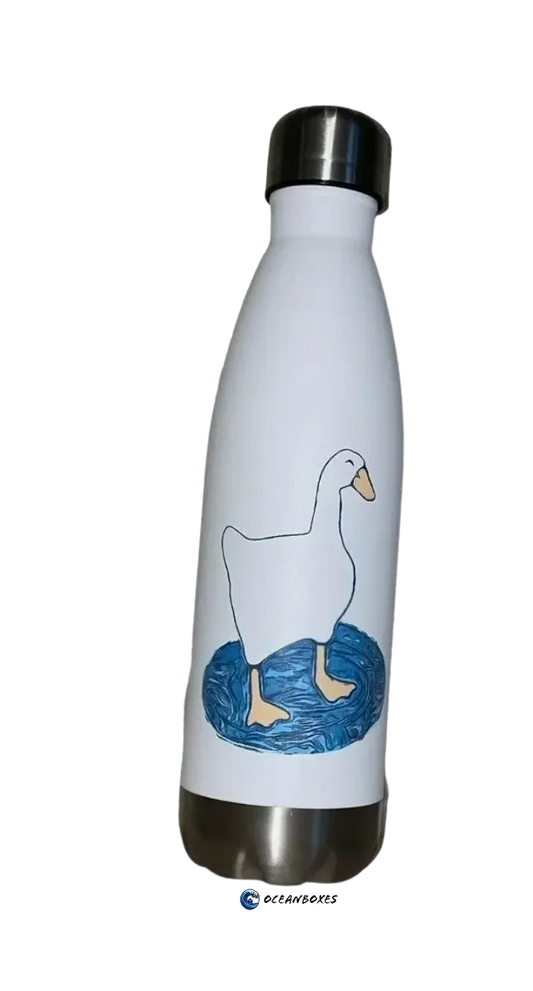 White water bottle with a duck illustration on a white background