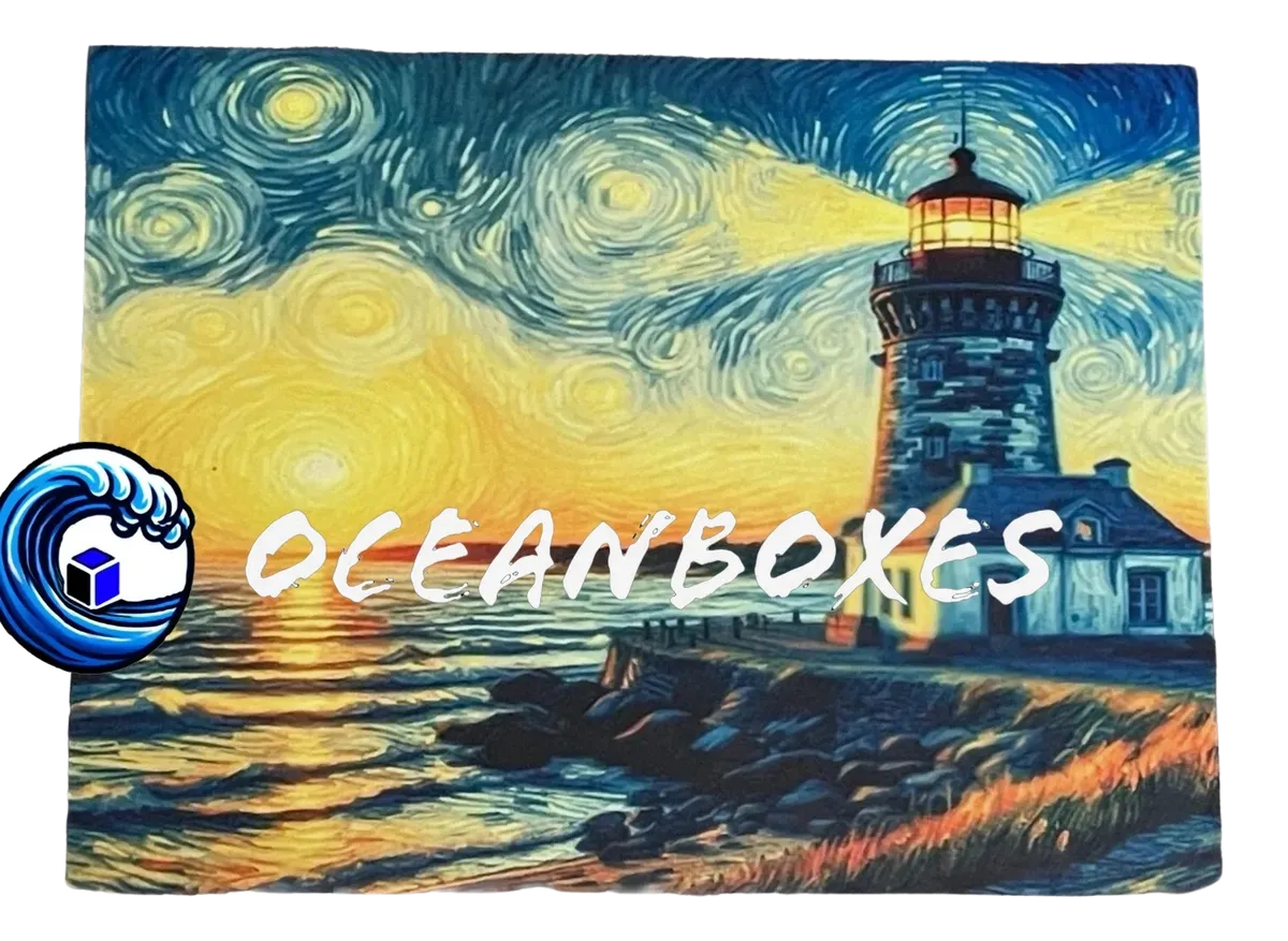 Artistic depiction of a lighthouse with a starry night sky,