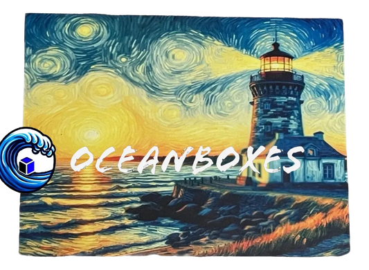 Artistic depiction of a lighthouse with a starry night sky,