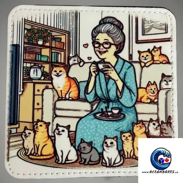 Illustrated wallet with a woman surrounded by cats in a cozy room.