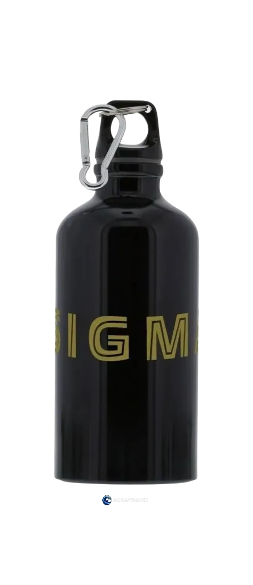 Black water bottle with 'SIGMA' branding on a white background