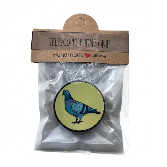 Telescopic phone grip with bird design packaging on a white background