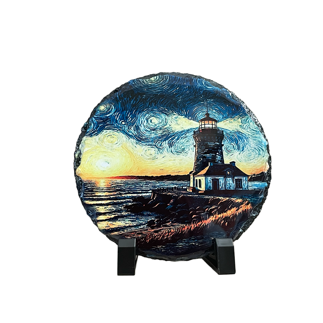 Artwork of Lighthouse on Round Slate - 6 Inch Diameter - Includes Plastic Stands