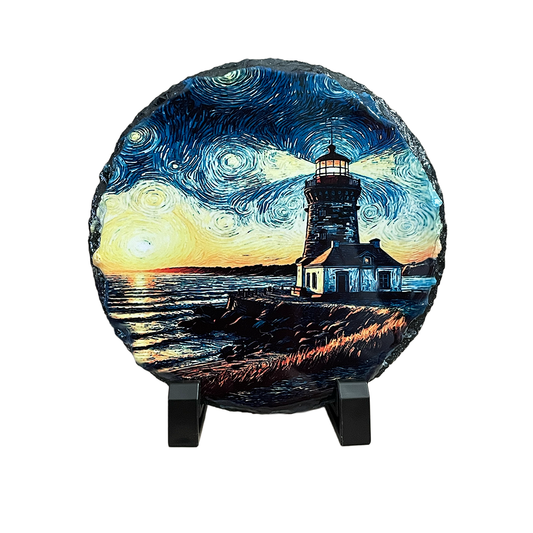 Artwork of Lighthouse on Round Slate - 6 Inch Diameter - Includes Plastic Stands
