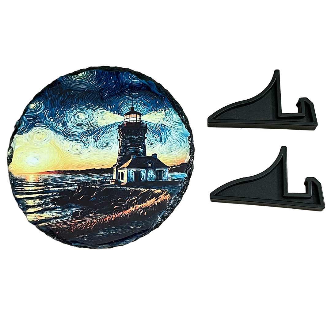 Artwork of Lighthouse on Round Slate - 6 Inch Diameter - Includes Plastic Stands