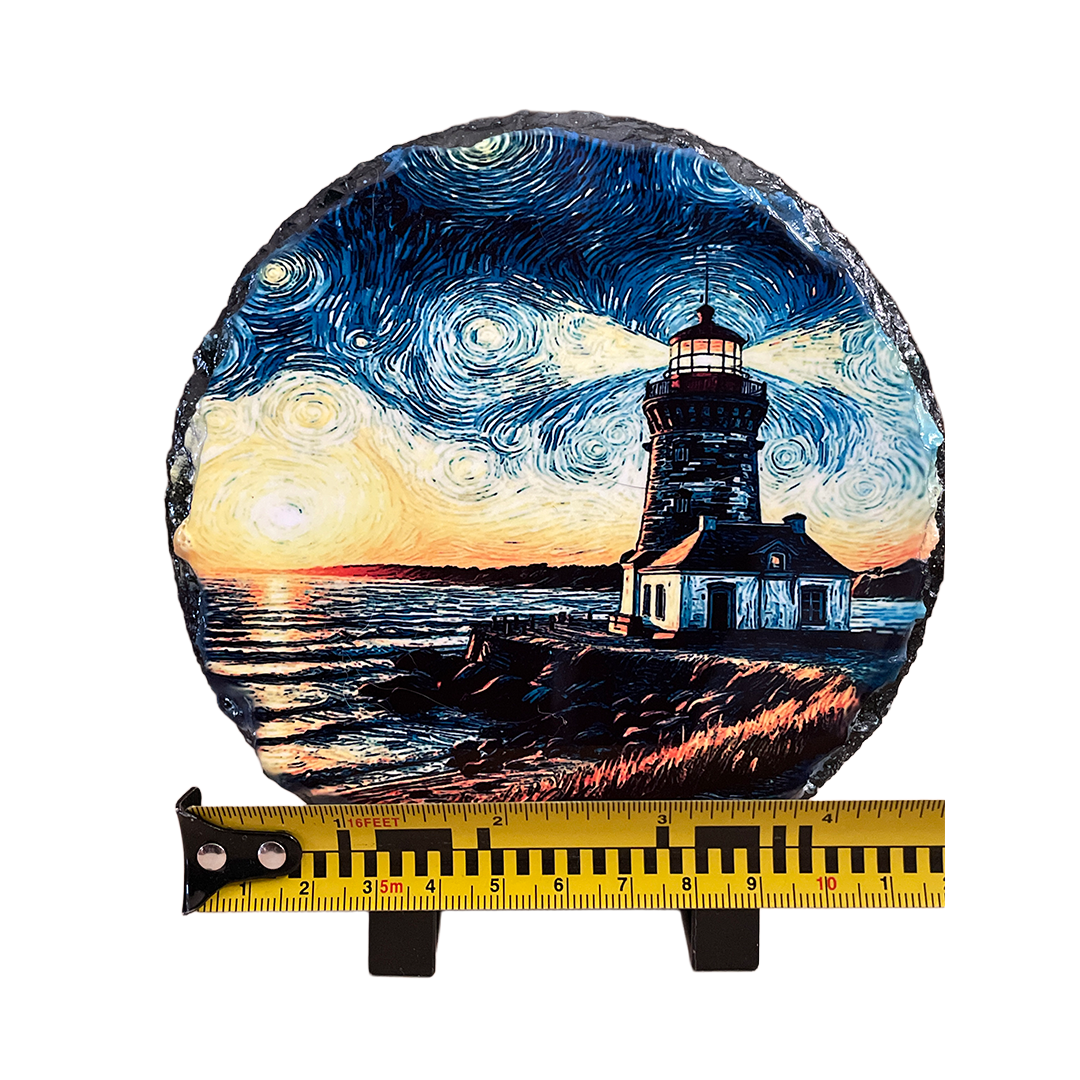 Artwork of Lighthouse on Round Slate - 6 Inch Diameter - Includes Plastic Stands