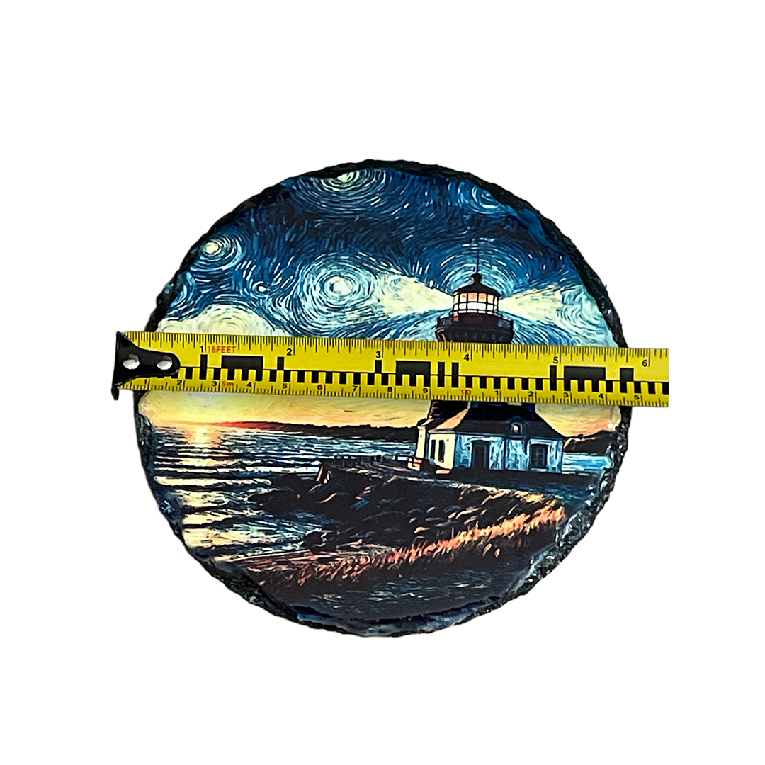 Artwork of Lighthouse on Round Slate - 6 Inch Diameter - Includes Plastic Stands