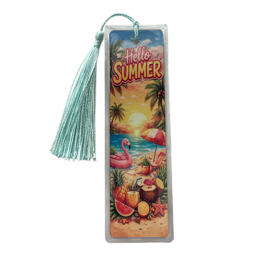 Bookmark with a summer design featuring a flamingo, umbrella, and tropical elements on a white background.
