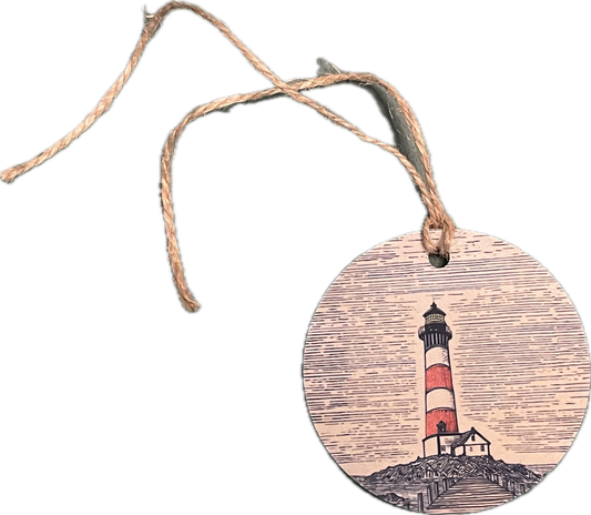 Round Wood gift ornament with a lighthouse design on a white background. Elevate your gift-wrapping with eco-friendly decorative wood gift tags. Features loon, birthday, and rustic styles with jute rope. Ships cheap via Canadian letter mail.