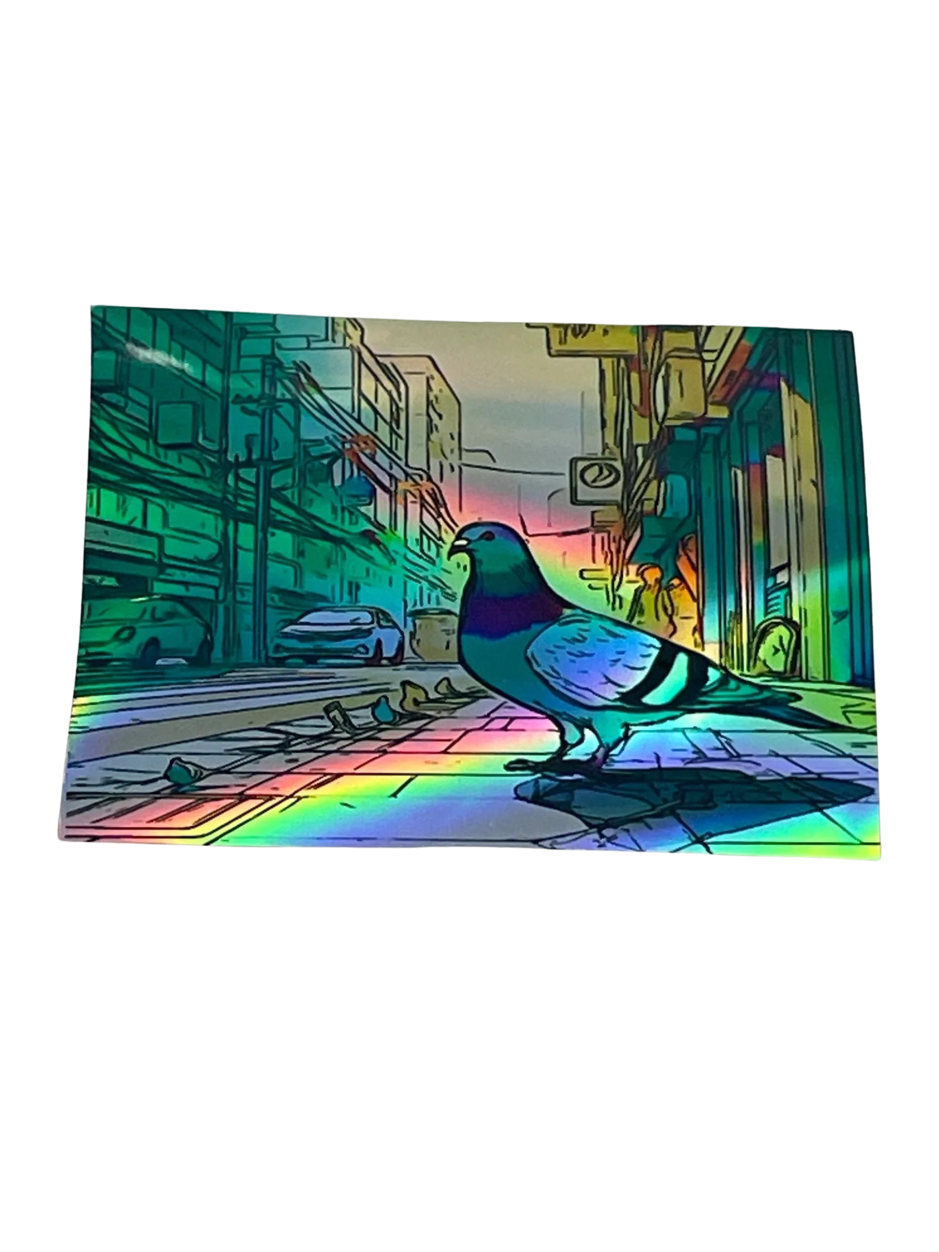 Colorful illustration of a pigeon on a city street with a stylized, almost cartoon-like urban scene.
