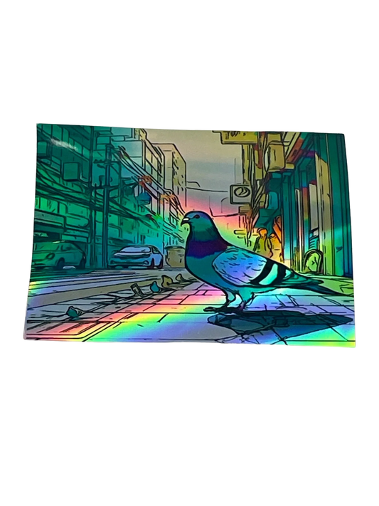 Colorful illustration of a pigeon on a city street with a stylized, almost cartoon-like urban scene.