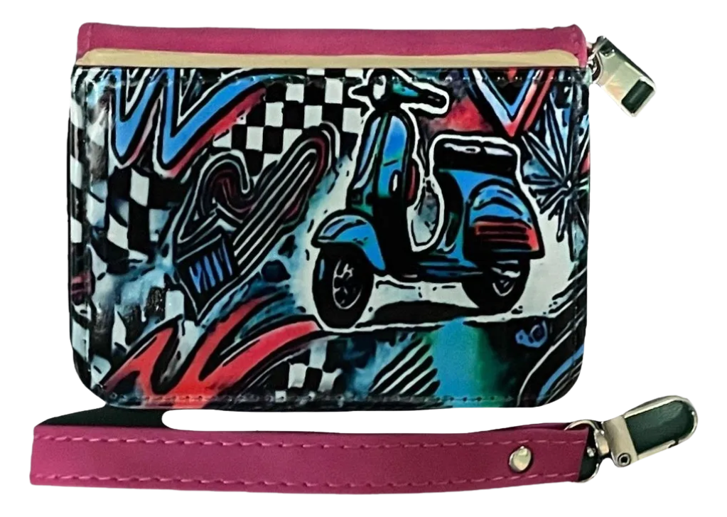 Multicolored scooter-themed wallet with a pink strap on a white background