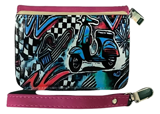 Multicolored scooter-themed wallet with a pink strap on a white background