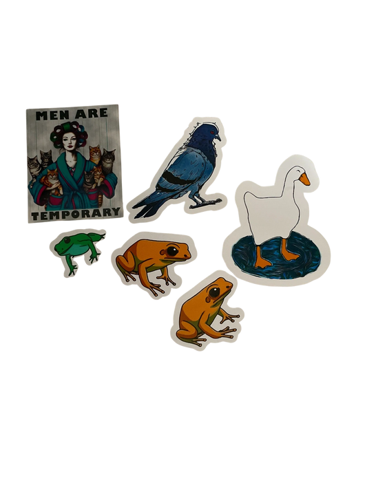 Set of stickers featuring a woman with cats, a pigeon, a duck, and two frogs on a white background.
